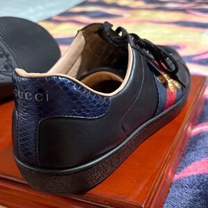 Gucci Black Leather Sneakers with Red and Blue Accents